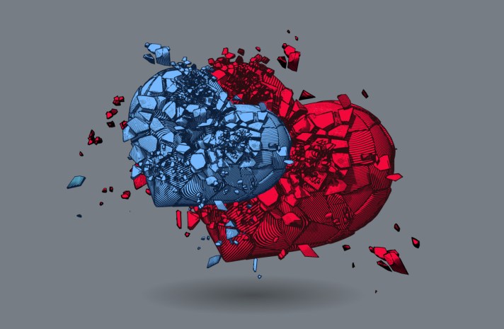 Two broken heart crashing on gray BG